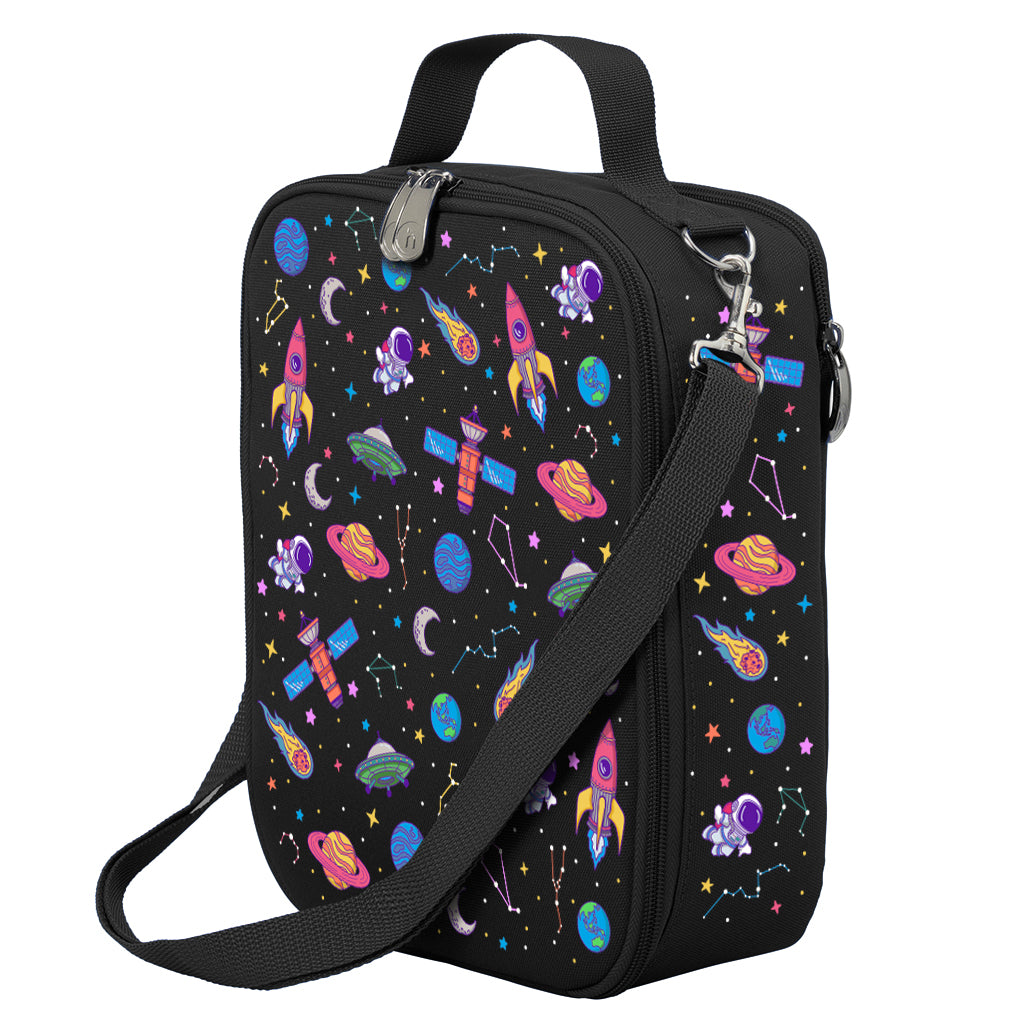 Harlequin Large Lunch bag in Black with Galaxy Girl design from the Harlequin Creatix Signature Series. Front angle view displaying top handle, quality zippers and D-Rings with additional shoulder strap.