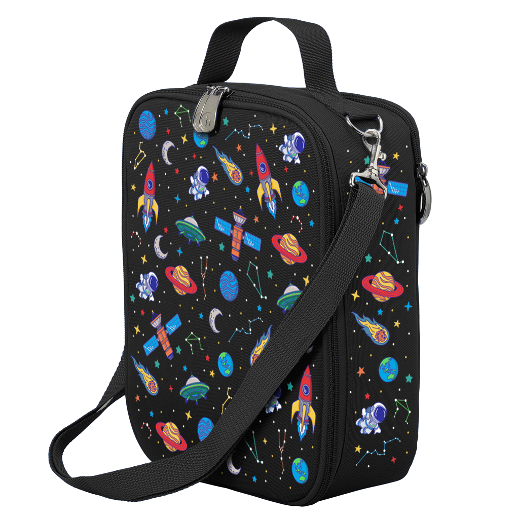 Harlequin Large Lunch bag in Black with Galaxy Boy design from the Harlequin Creatix Signature Series. Front angle view displaying top handle, quality zippers and D-Rings with additional shoulder strap.