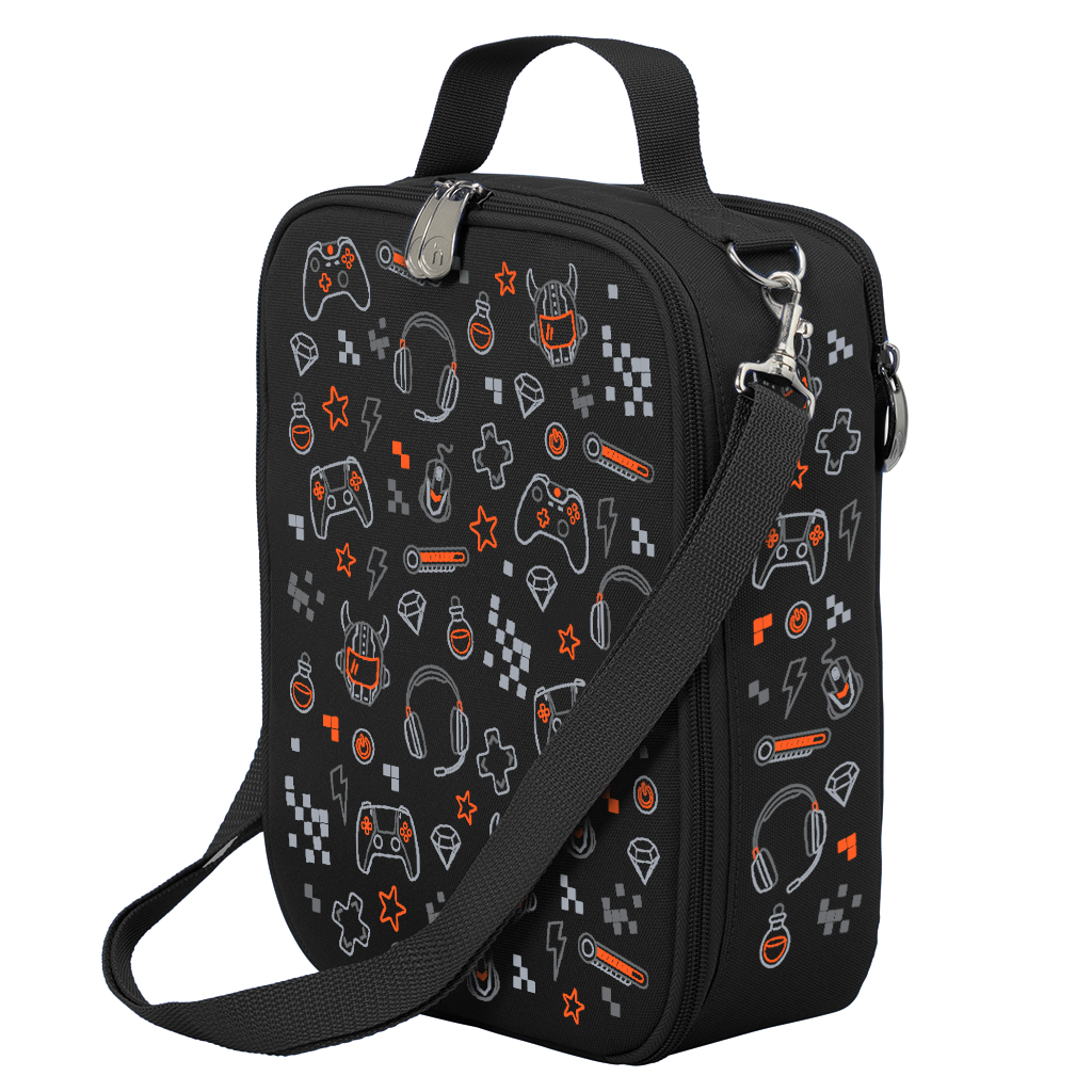 Harlequin Large Lunch bag in Black with Gamer Boy design from the Harlequin Creatix Signature Series. Front angle view displaying top handle, quality zippers and D-Rings with additional shoulder strap.