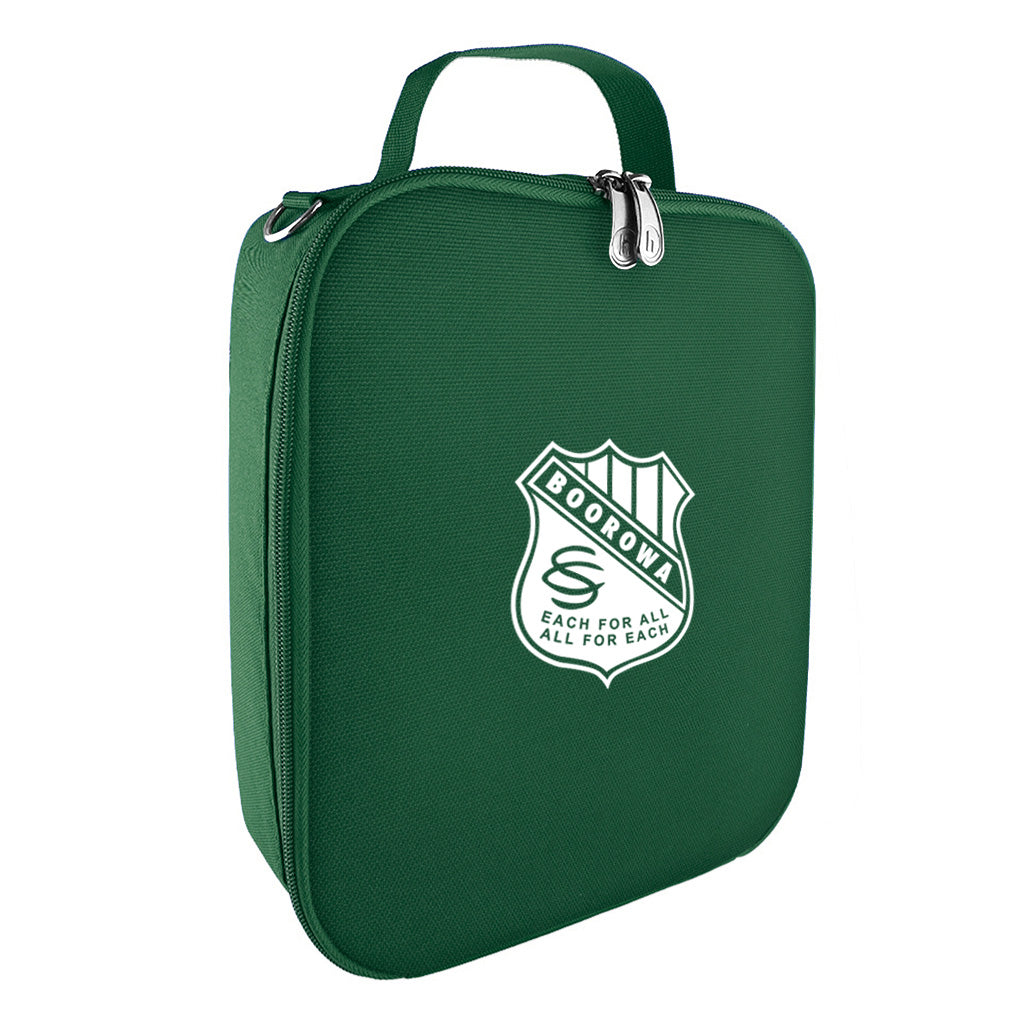 Harlequin lunch bag in green colour front side angle displaying carry handle, durable water repellent material with Boorowa Central School logo