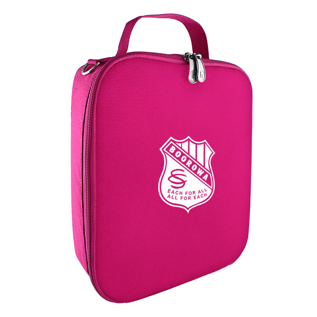 Harlequin lunch bag in pink colour front side angle displaying carry handle, durable water repellent material with Boorowa Central School logo