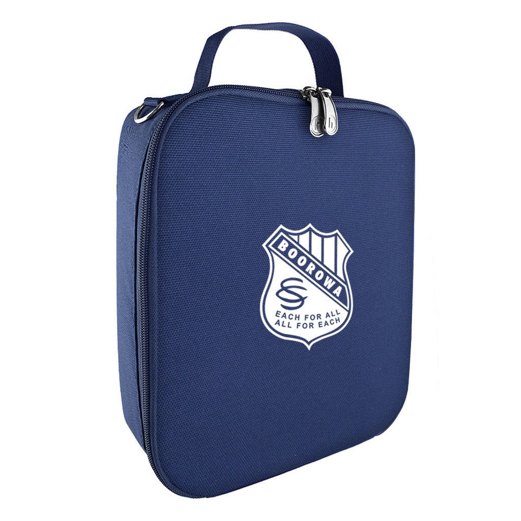 Harlequin lunch bag in navy colour front side angle displaying carry handle, durable water repellent material with Boorowa Central School logo