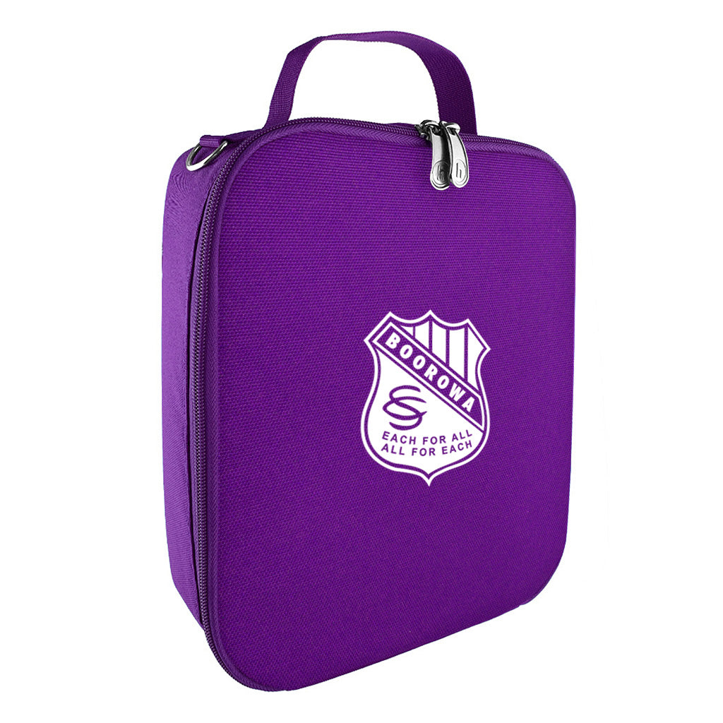 Harlequin lunch bag in purple colour front side angle displaying carry handle, durable water repellent material with Boorowa Central School logo