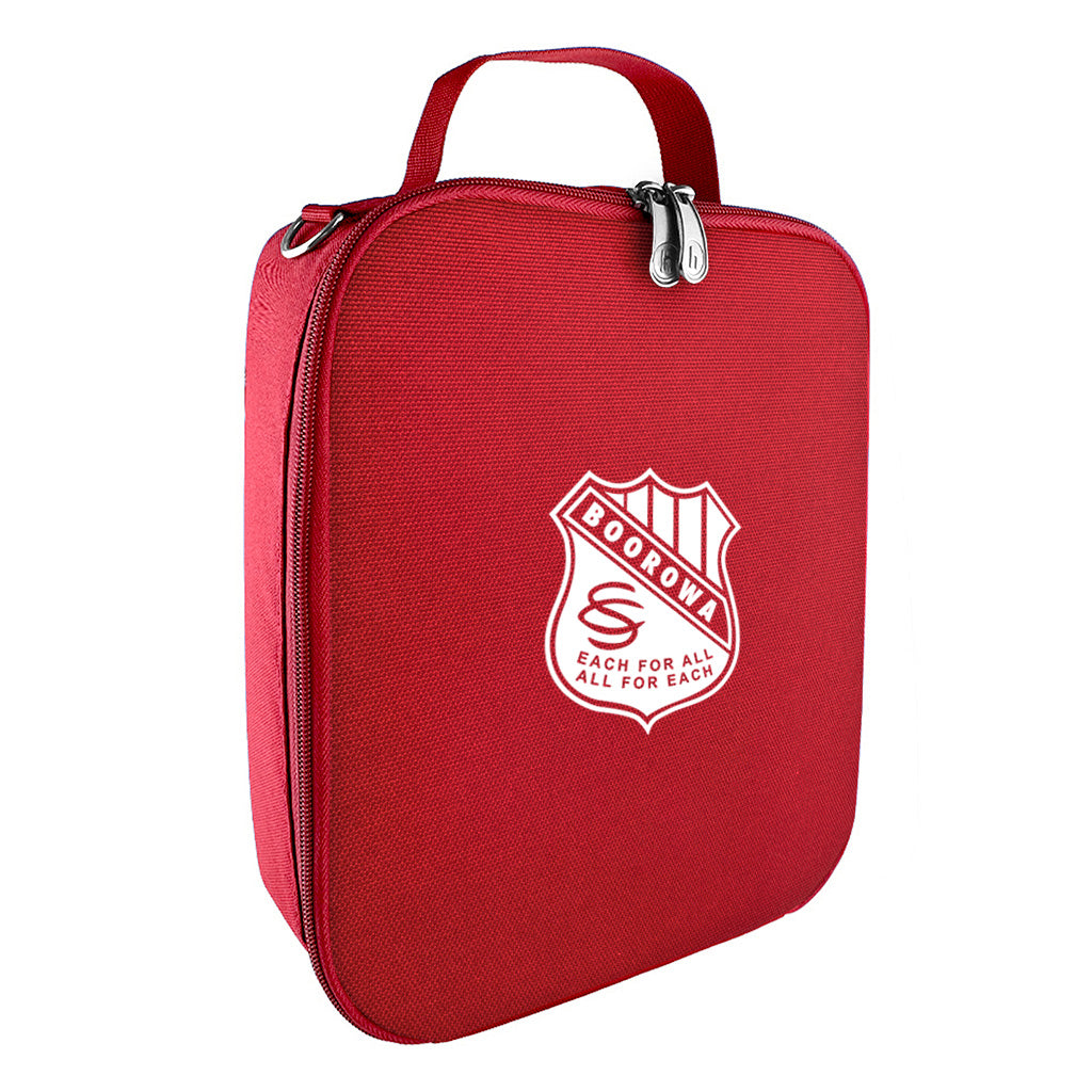 Harlequin lunch bag in red colour front side angle displaying carry handle, durable water repellent material with Boorowa Central School logo