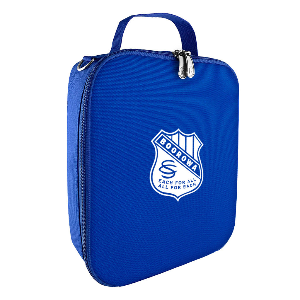 Harlequin lunch bag in royal blue colour front side angle displaying carry handle, durable water repellent material with Boorowa Central School logo