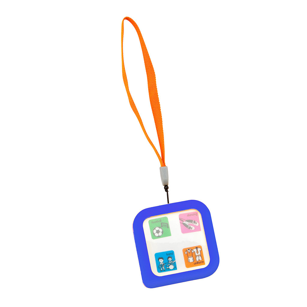 Cubeo children's organiser displaying a handle, blue rubber cover and card images to organise your child's day