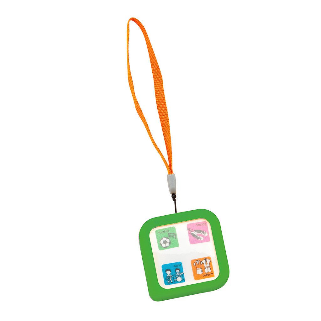 Cubeo children's organiser displaying a handle, green rubber cover and card images to organise your child's day