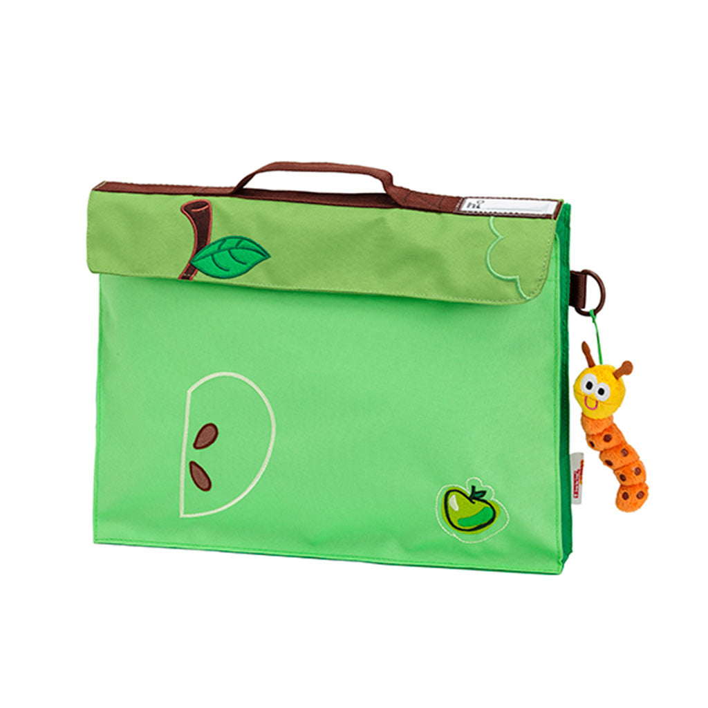 Green Step-By-Step Apple library bag front angle view displaying top pocket, handle, D ring and toy caterpillar