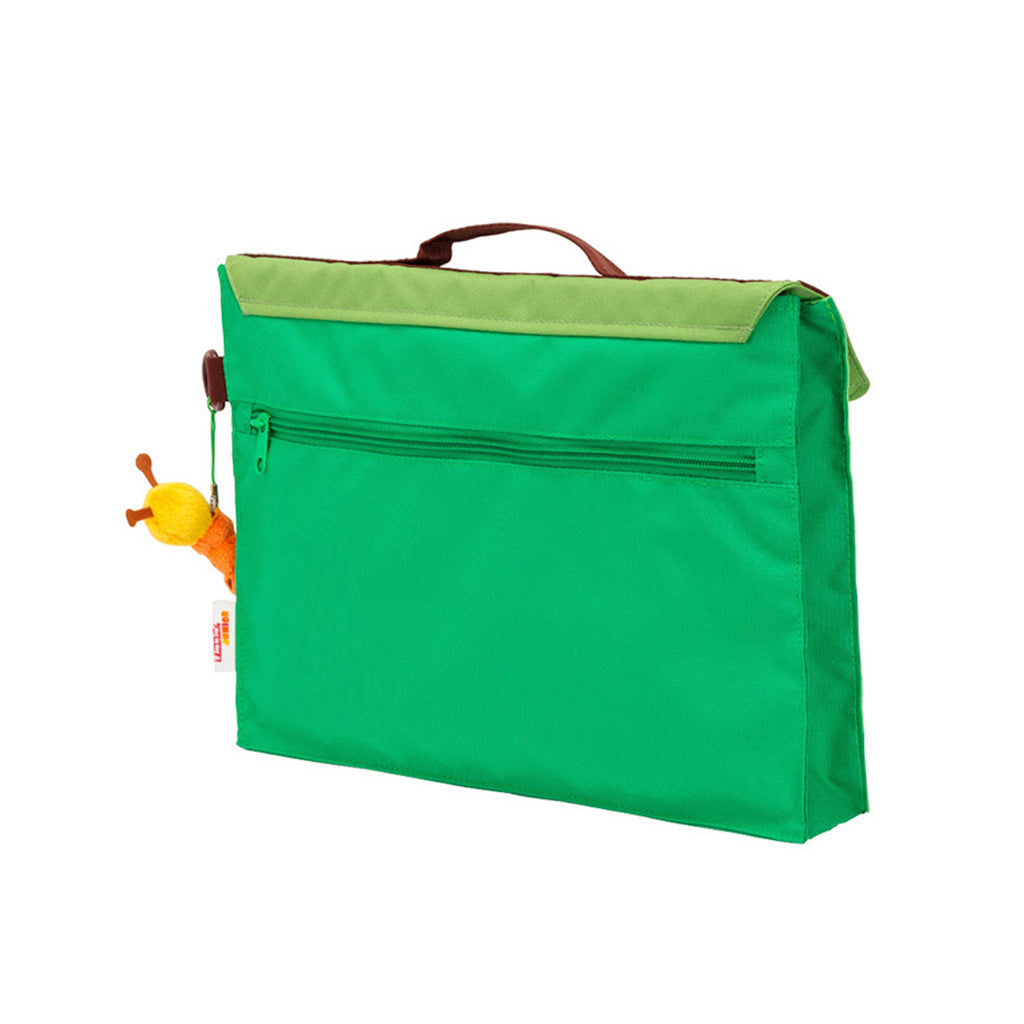 Green Step-By-Step Apple library bag back view angle displaying handle, back zip pocket, D ring and toy caterpillar