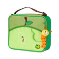 Green Step-By-Step Apple lunch bag front angle view displaying pocket, carry handle, toy caterpillar