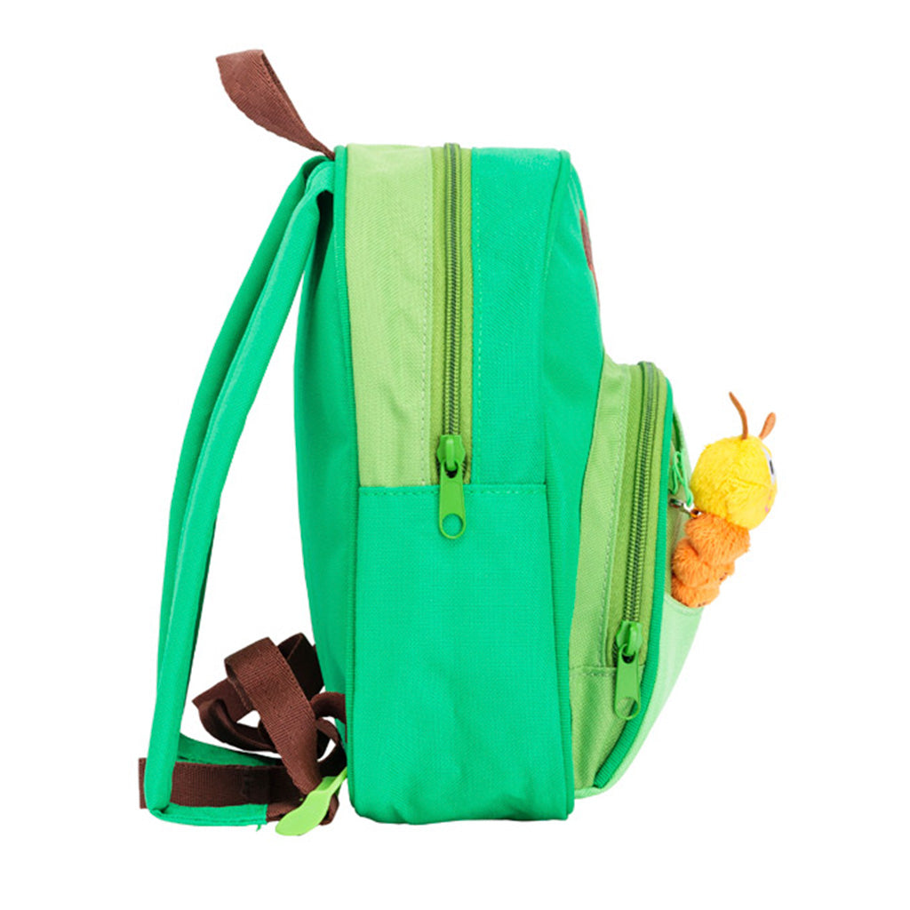 Green Step-By-Step Apple mini Backpack side view with carrying handle, two pockets and caterpillar toy