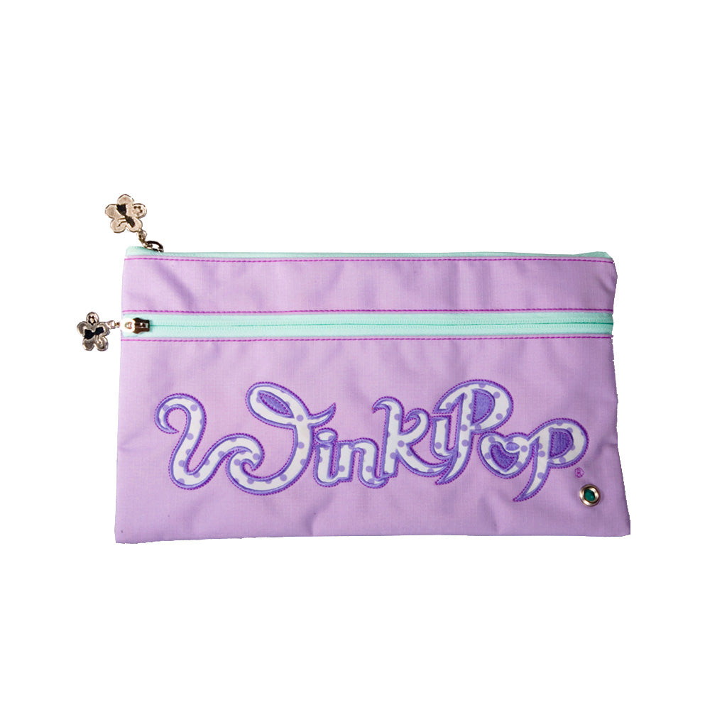 Lilac and Aqua winkipop flat pencil case front angle view showing two front pockets both with a flower shaped zipper puller with the winkipop logo placed on the front pocket