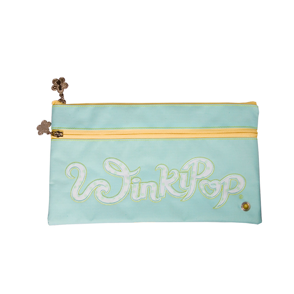 Aqua and Lemon winkipop flat pencil case front angle view showing two front pockets both with a flower shaped zipper puller with the winkipop logo placed on the front pocket