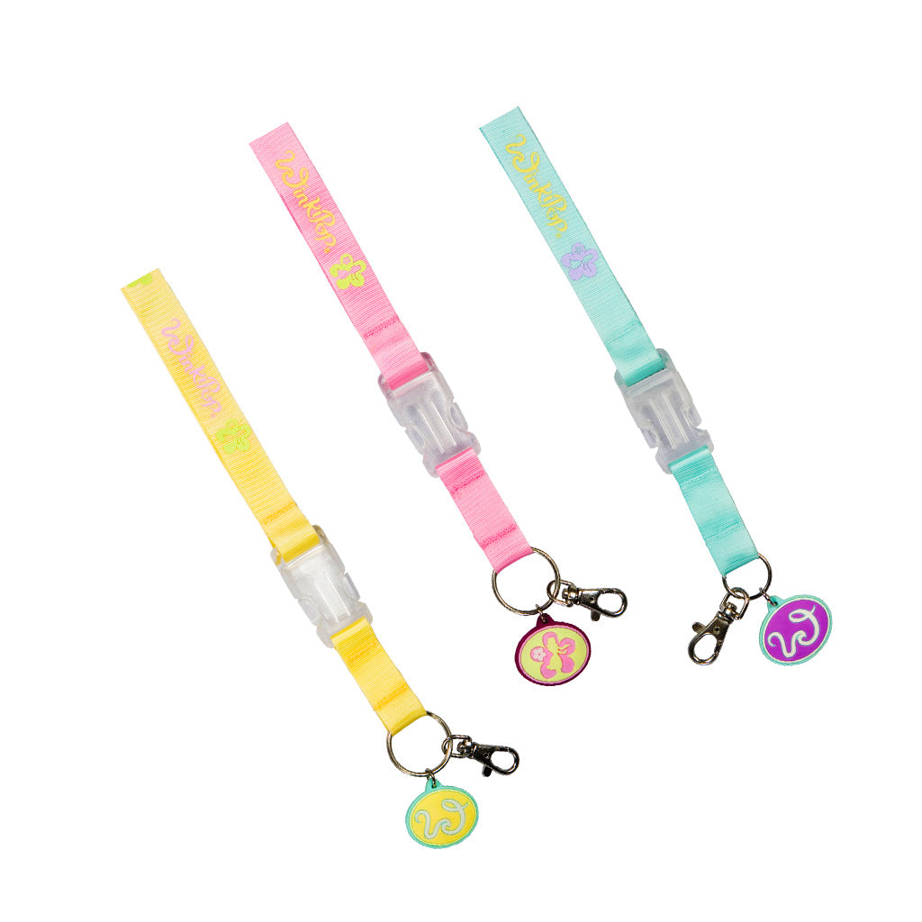 Winkipop Lanyards front view angle showing detachable clip in the middle, key ring, gel circle with hula girl and a clip ring
