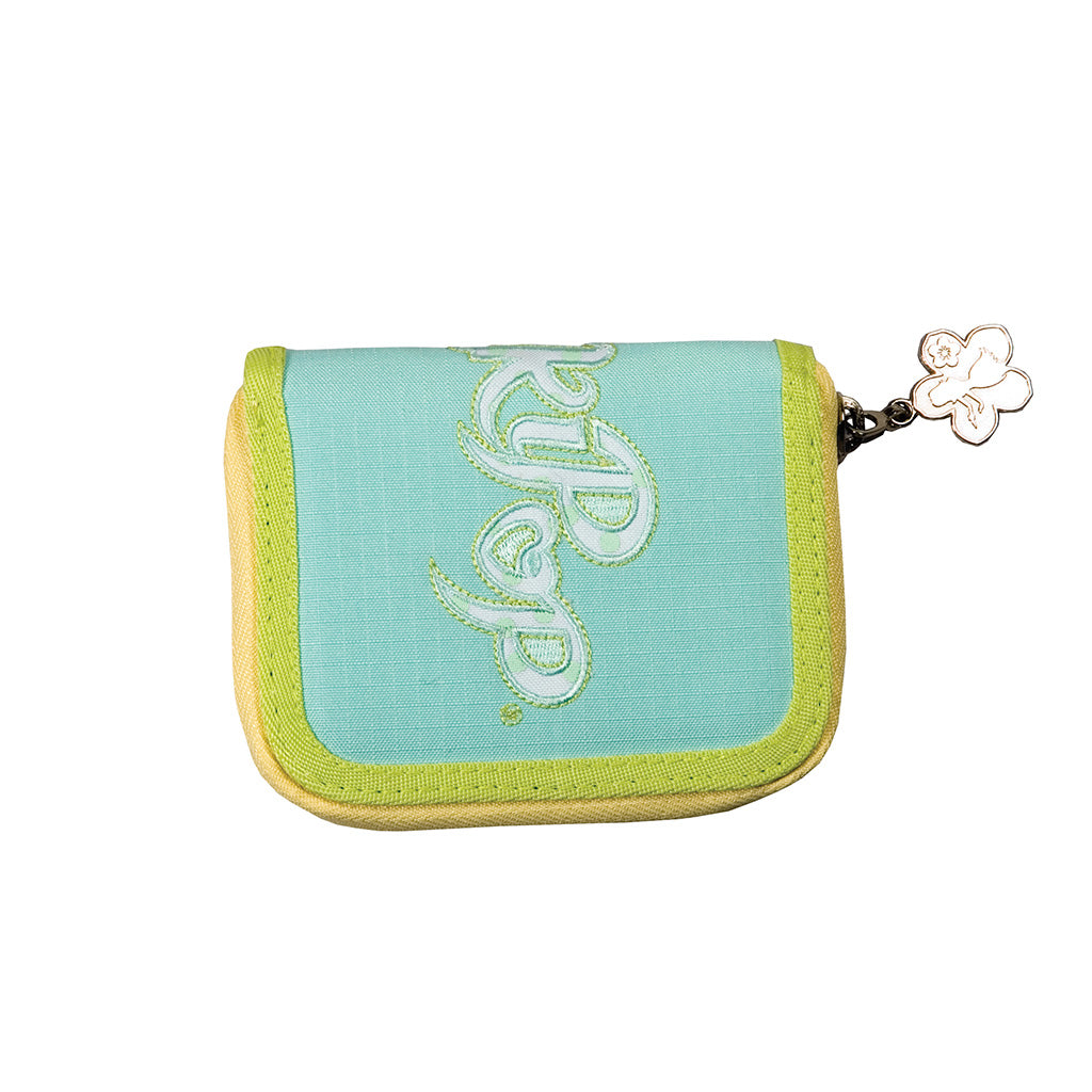 Aqua and Yellow winkipop wallet front angle view with the winkipop logo and a flower shaped zipper puller