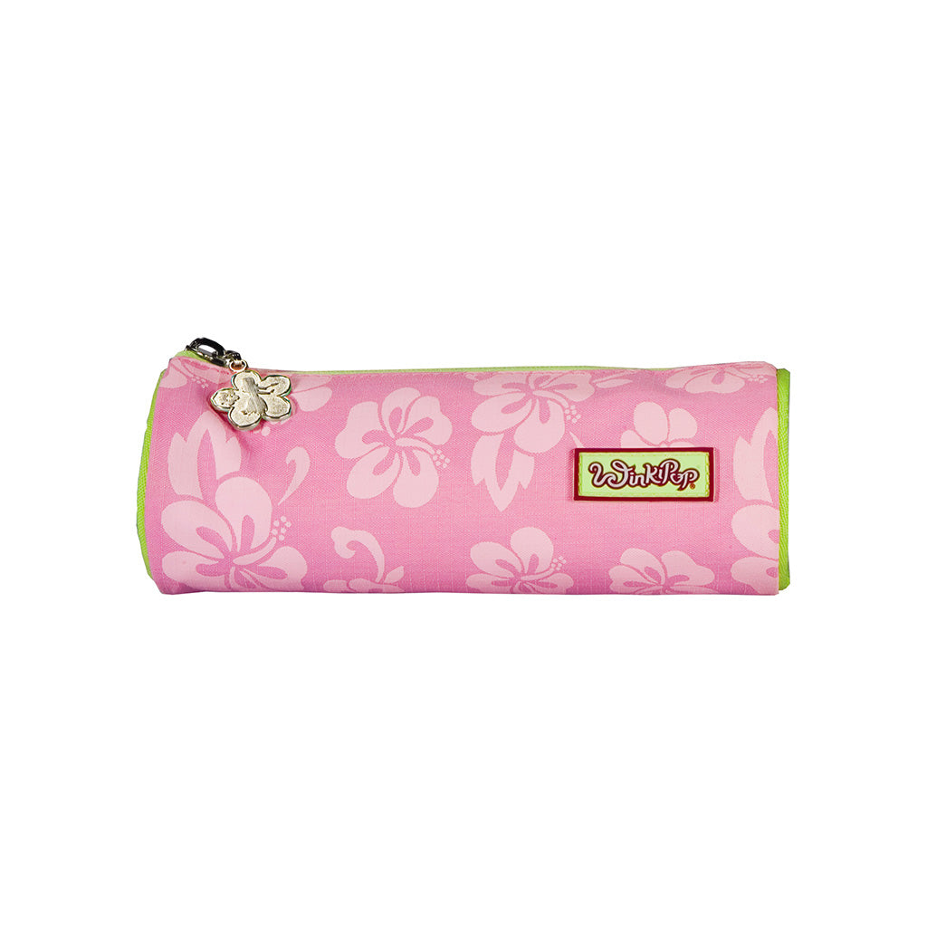 Pink and Lime Winkipop tube pencil case side angle view showing flower pattern fabric, with a gel winkipop logo on the right side and the top pocket flower shaped zipper puller