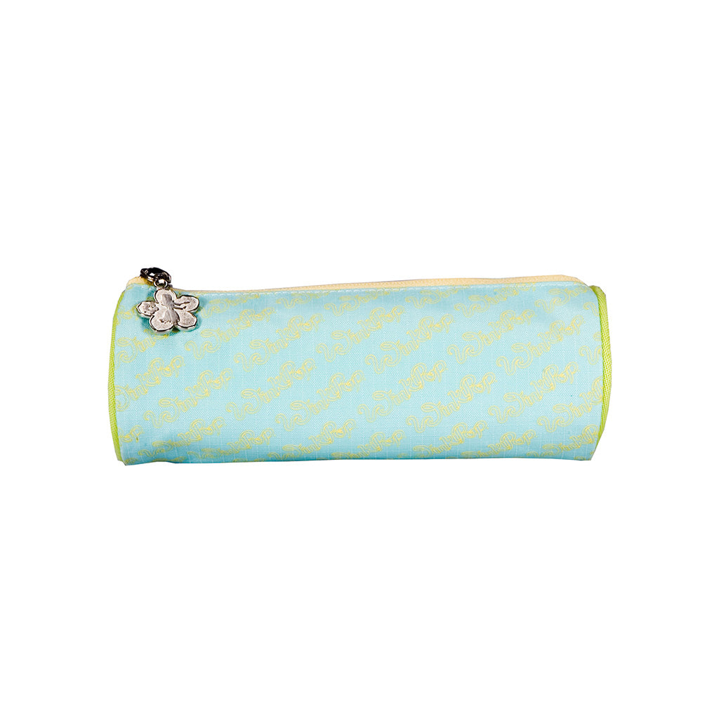 Aqua and Yellow Winkipop tube pencil case back angle view showing winkipop repetitive pattern fabric, and the top pocket flower shaped zipper puller
