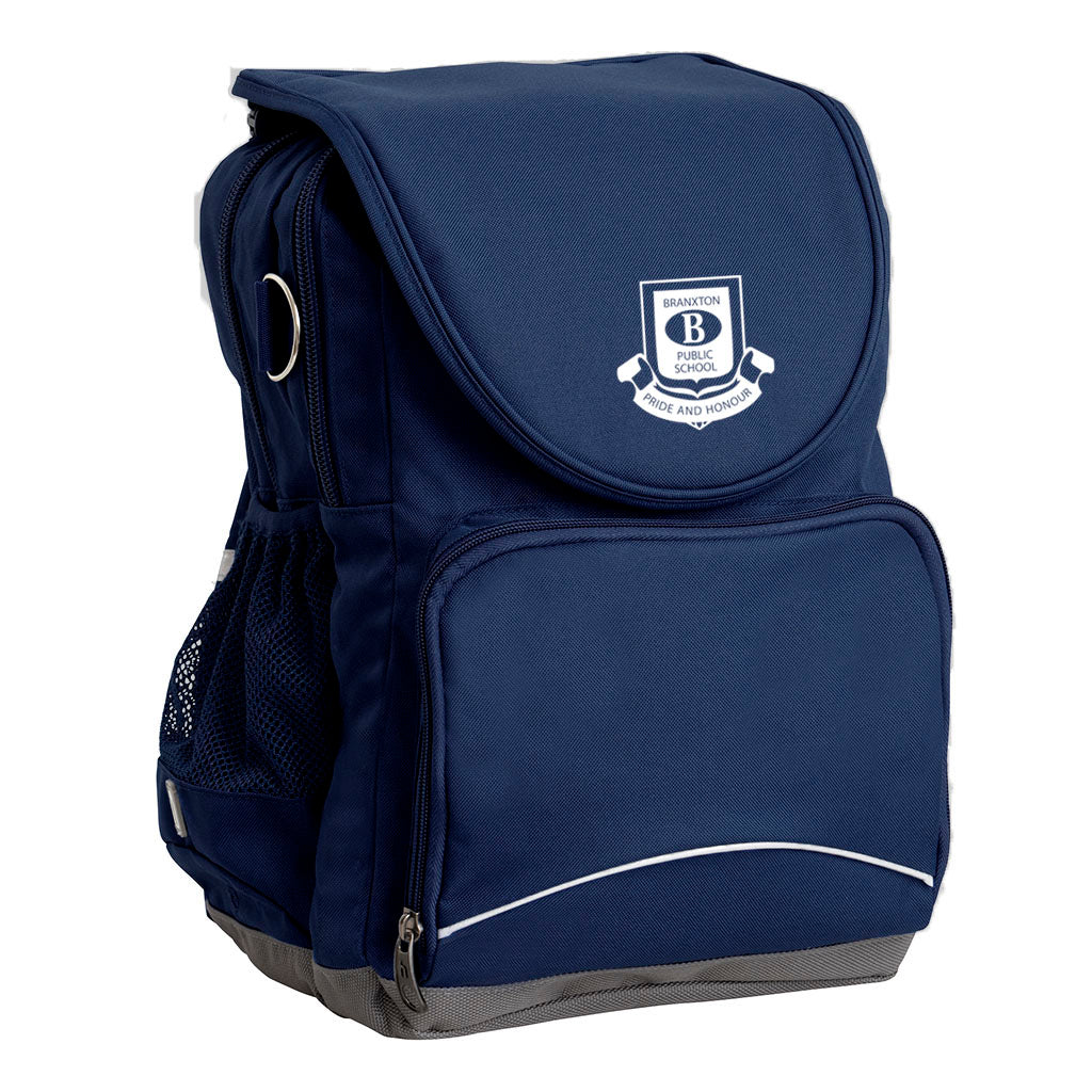 Branxton Public School Ergo Tuff-Pack backpack Navy. Front side angle, padded shoulder straps, two zipper compartments, front zipper pocket, D-Ring and mesh water bottle.
