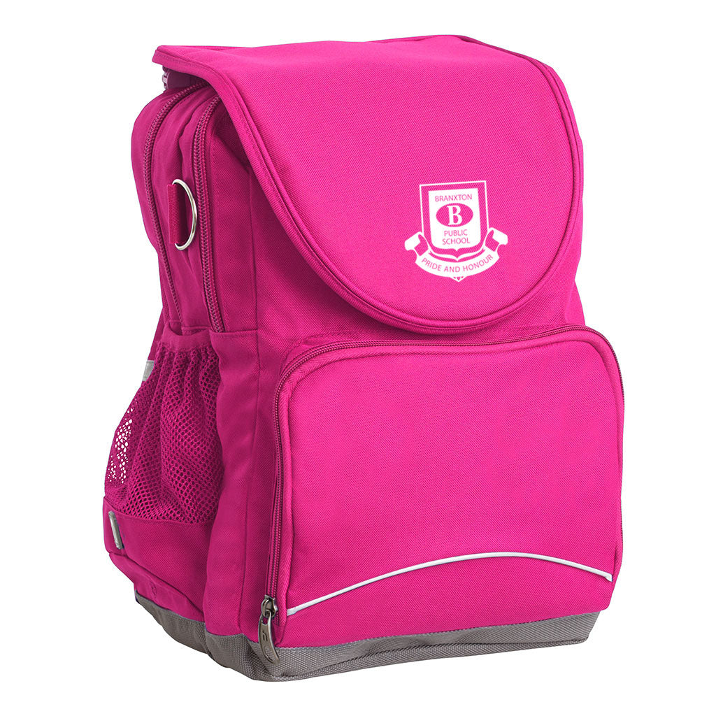 Branxton Public School Ergo Tuff-Pack backpack Pink. Front side angle, padded shoulder straps, two zipper compartments, front zipper pocket, D-Ring and mesh water bottle.