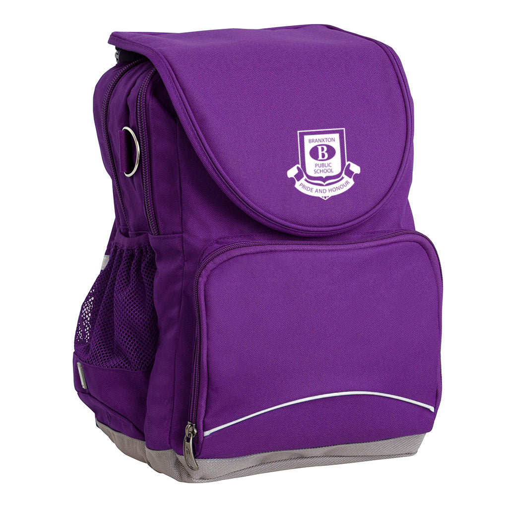 Branxton Public School Ergo Tuff-Pack backpack Purple. Front side angle, padded shoulder straps, two zipper compartments, front zipper pocket, D-Ring and mesh water bottle.
