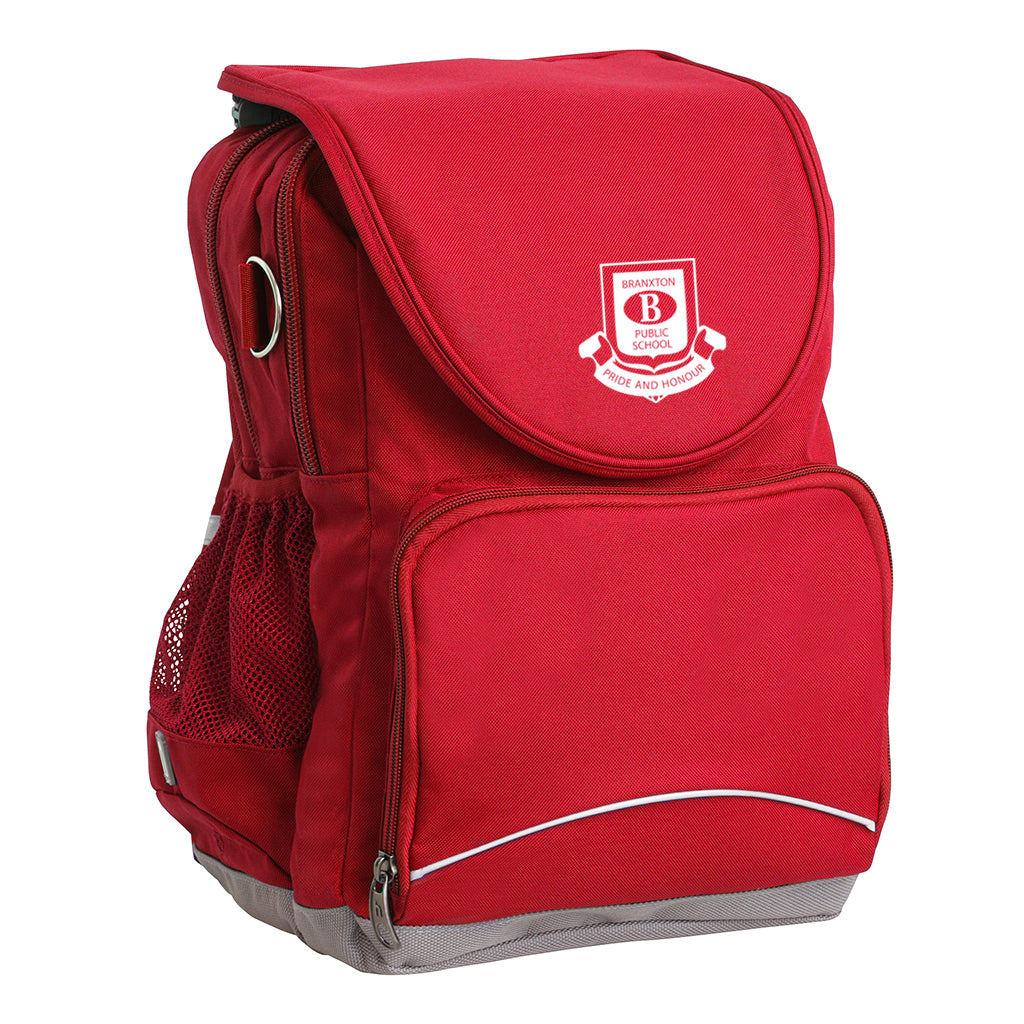 Branxton Public School Ergo Tuff-Pack backpack Red. Front side angle, padded shoulder straps, two zipper compartments, front zipper pocket, D-Ring and mesh water bottle.