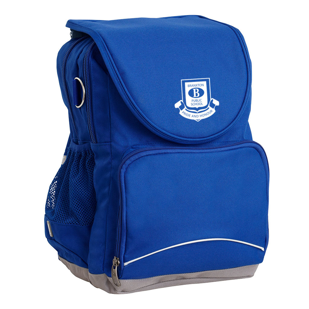 Branxton Public School Ergo Tuff-Pack backpack Royal. Front side angle, padded shoulder straps, two zipper compartments, front zipper pocket, D-Ring and mesh water bottle.