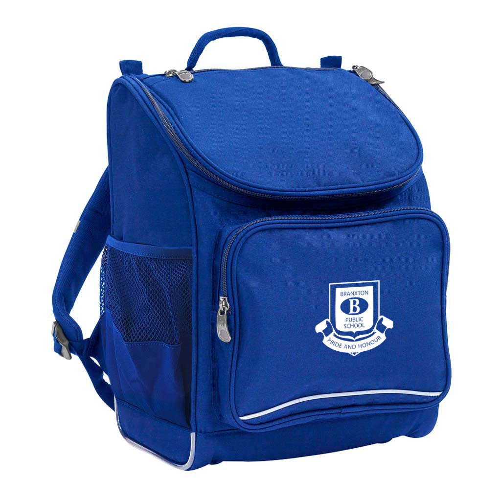 Mighty backpack in colour royal, front side angle displaying carry handle, padded shoulder straps, top zipper compartment, front zipper pocket and mesh water bottle holder with Branxton Public School logo
