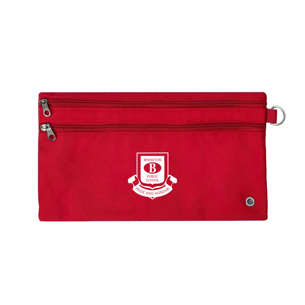 Harlequin red pencil case front angle displaying two zip compartments and D-ring with Branxton Public School logo