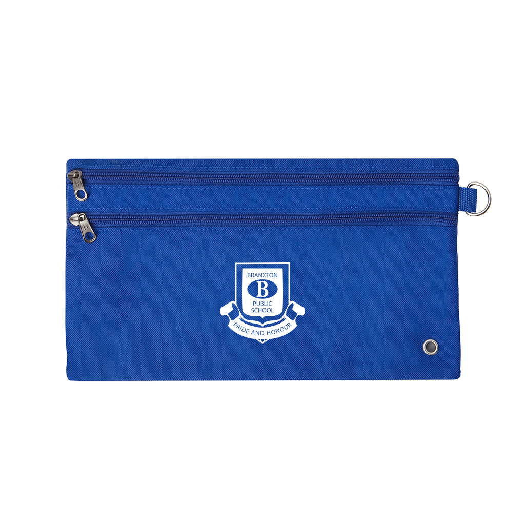 Harlequin royal pencil case front angle displaying two zip compartments and D-ring with Branxton Public School logo