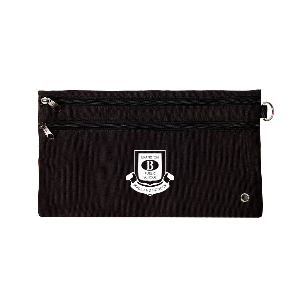 Harlequin black pencil case front angle displaying two zip compartments and D-ring with Branxton Public School logo