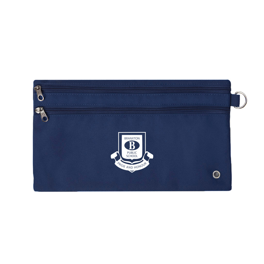 Harlequin navy pencil case front angle displaying two zip compartments and D-ring with Branxton Public School logo