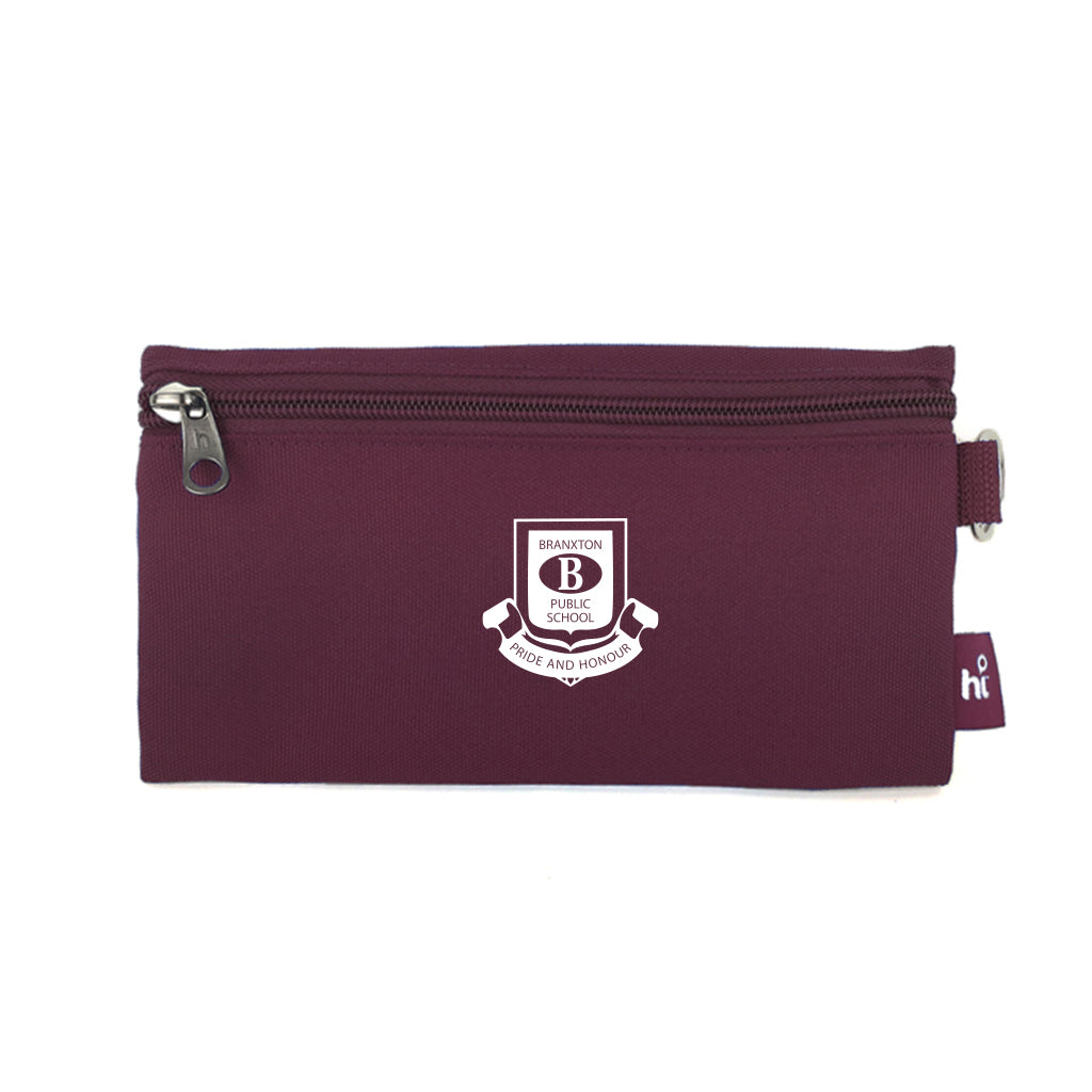 Harlequin maroon pencil case front angle displaying two zip compartments and D-ring with Branxton Public School logo