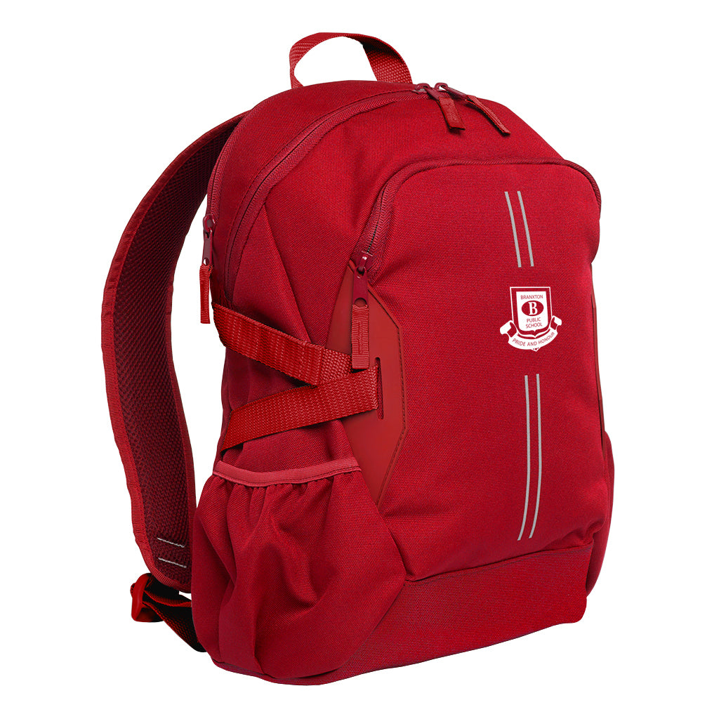 Red Harlequin Quantum Bag front view with two compartments with zip closure, light reflectors on the front pocket and adjustable straps and bottle holder on the sides of the bag and Branxton Public School logo