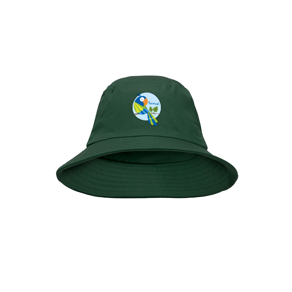 Harlequin green bucket hat displaying a soft cotton with a wide downwards sloping brim with a personalisation on the front