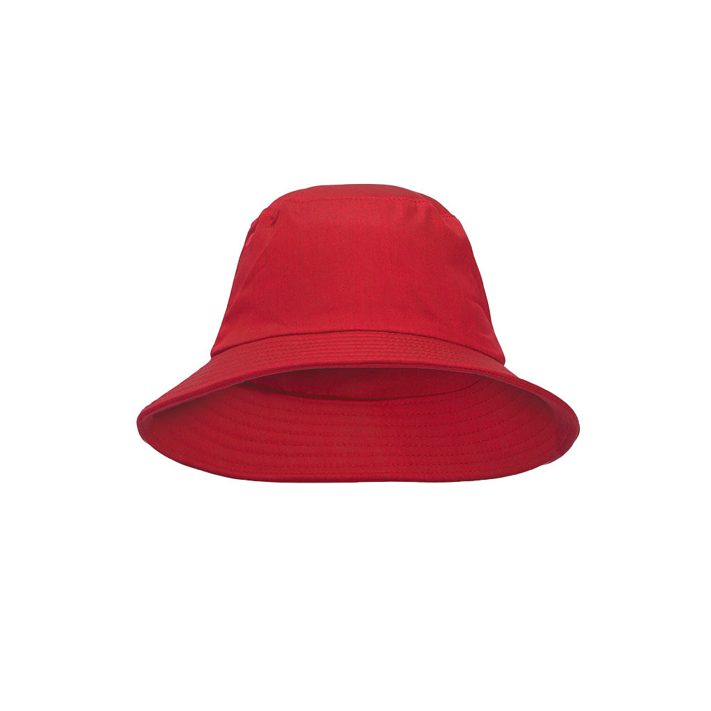 Harlequin red bucket hat displaying a soft cotton with a wide downwards sloping brim