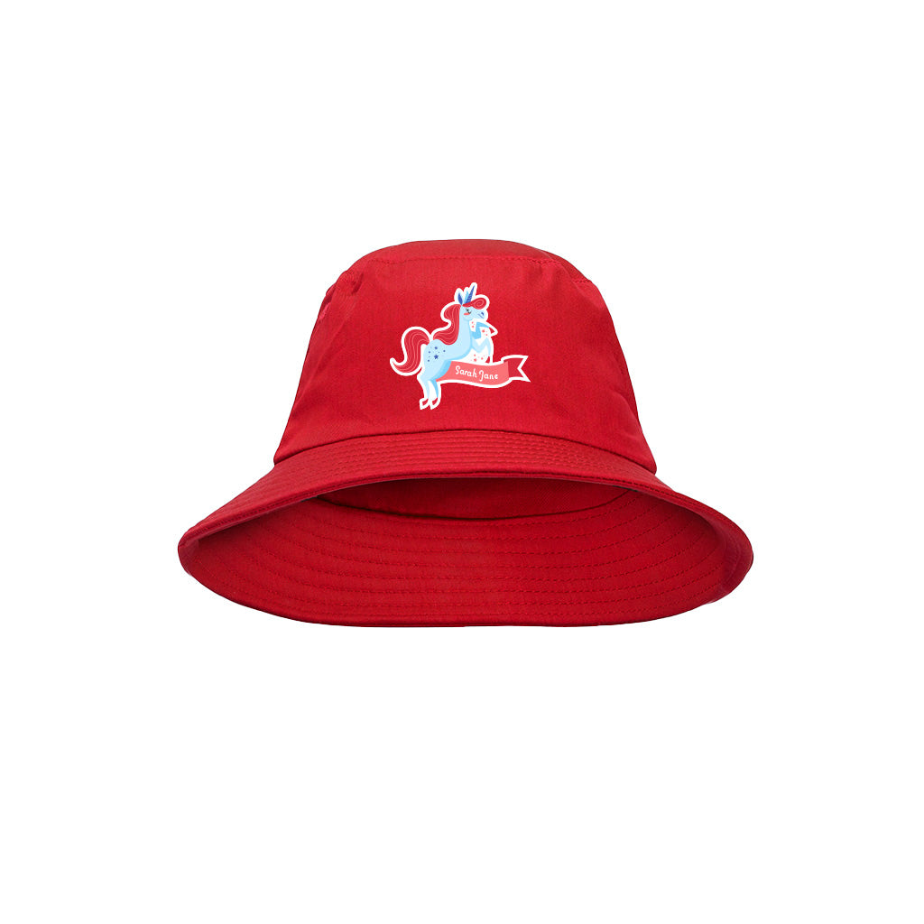 Harlequin red bucket hat displaying a soft cotton with a wide downwards sloping brim with a unicorn personalisation on the front