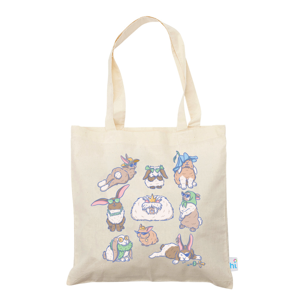 Harlequin Calico bag in natural colour, displaying cute and colourful bunny design with long shoulder straps.