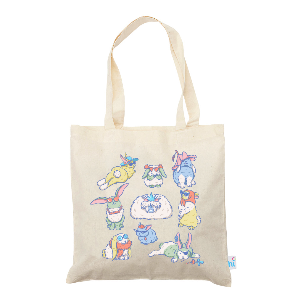 Harlequin Calico bag in natural colour, displaying cute and colourful bunny design with long shoulder straps.