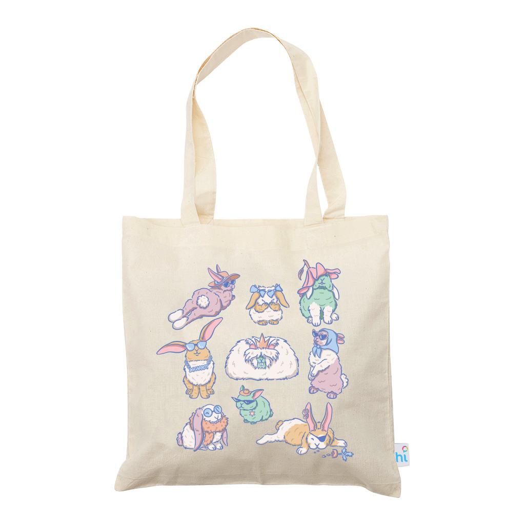 Harlequin Calico bag in natural colour, displaying cute and colourful bunny design with long shoulder straps.