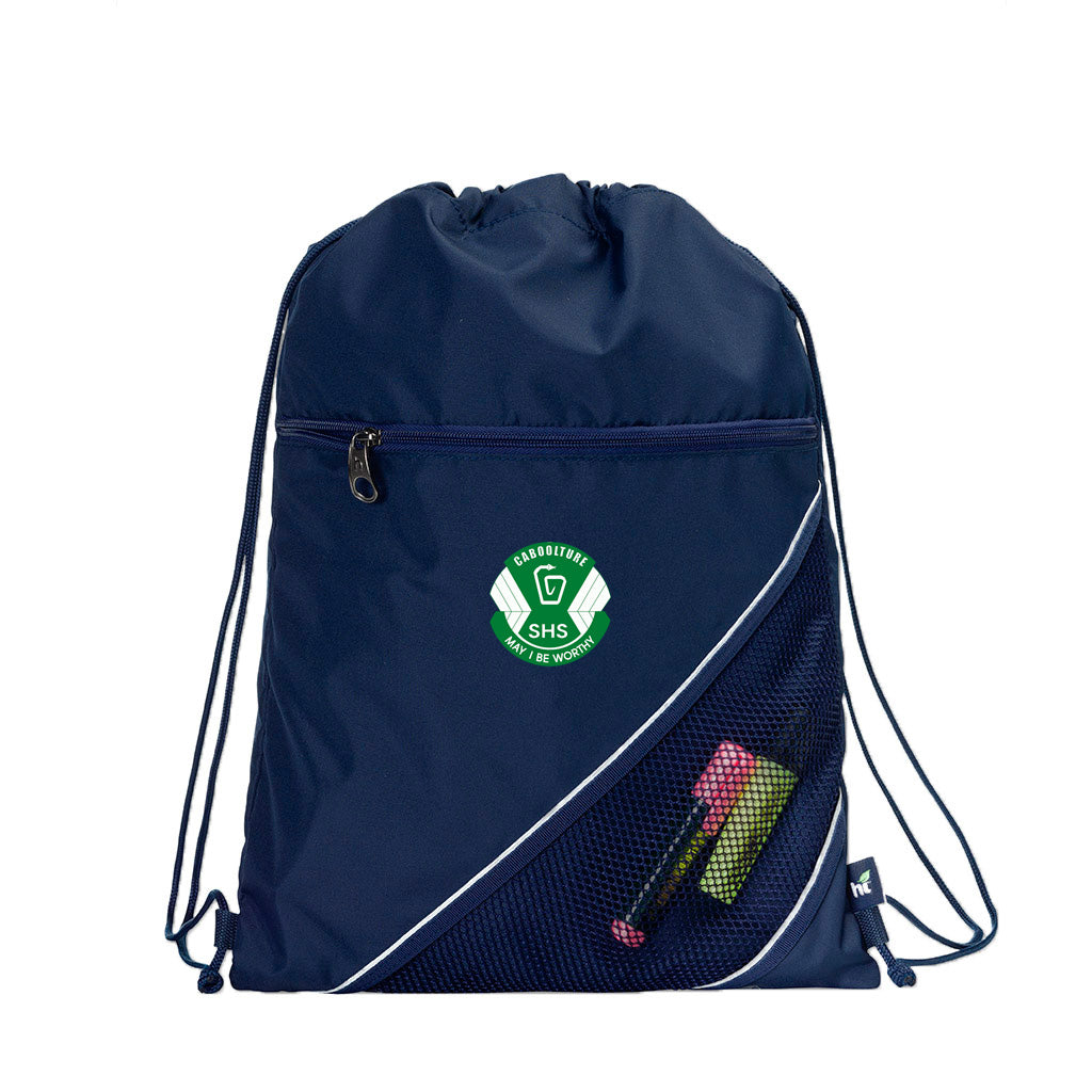 Harlequin navy eco sprint bag displaying drawstring opening, top zipper, external zippered pocket, and d-ring trinket holder