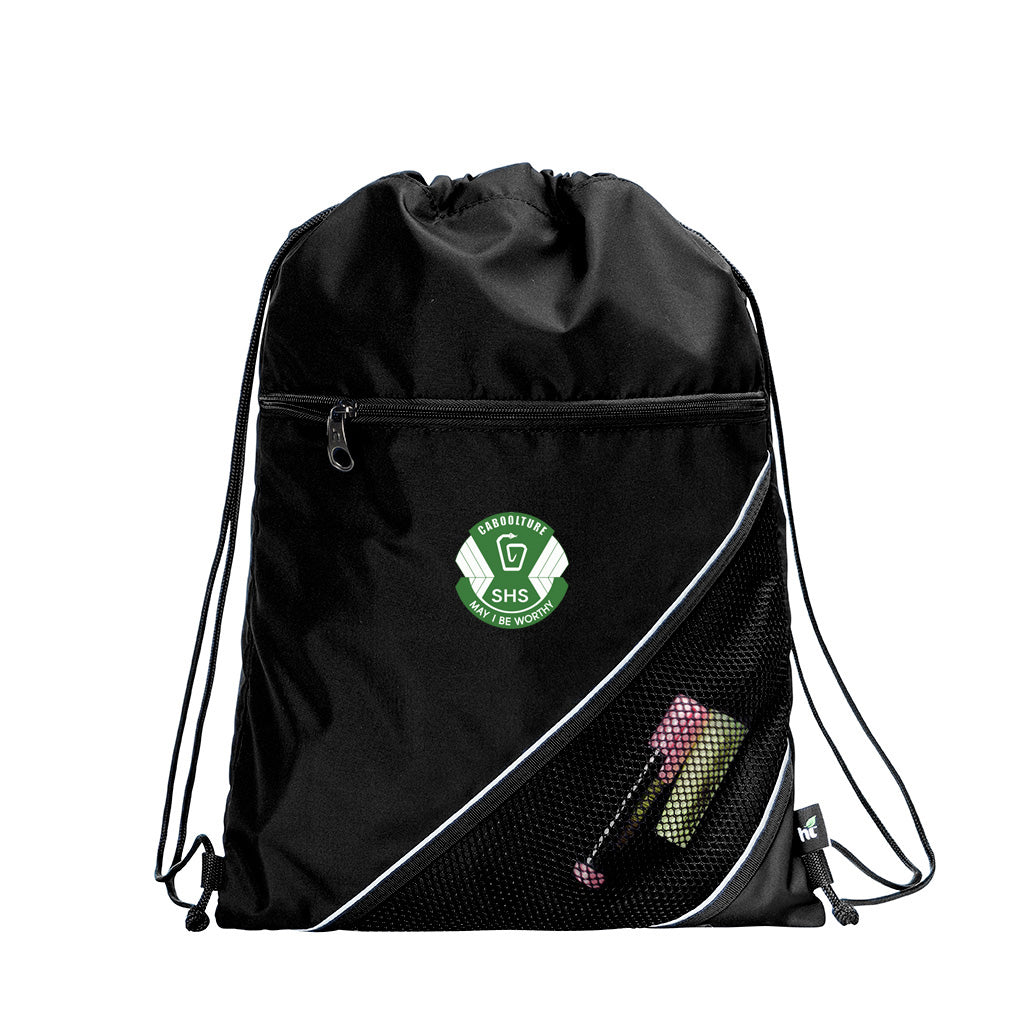 Harlequin black eco sprint bag displaying drawstring opening, top zipper, external zippered pocket, and d-ring trinket holder