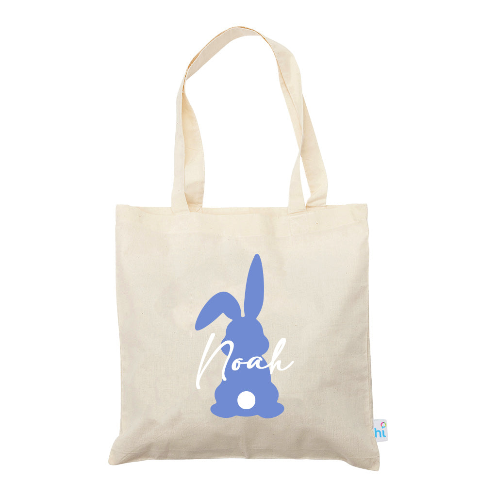 Harlequin Calico bag in natural colour, front view with blue Bunny design