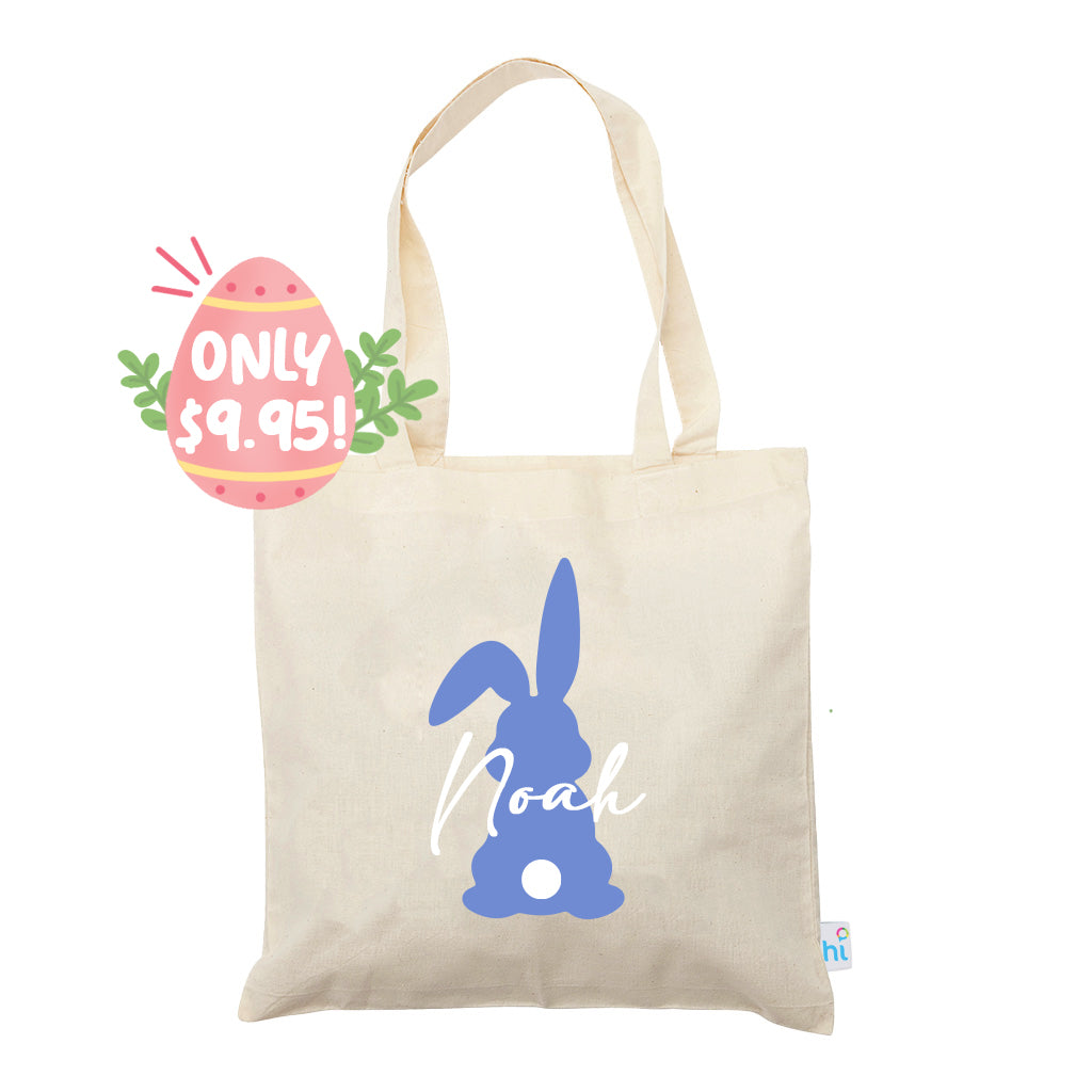 Harlequin Calico bag in natural colour, front view with blue Bunny design