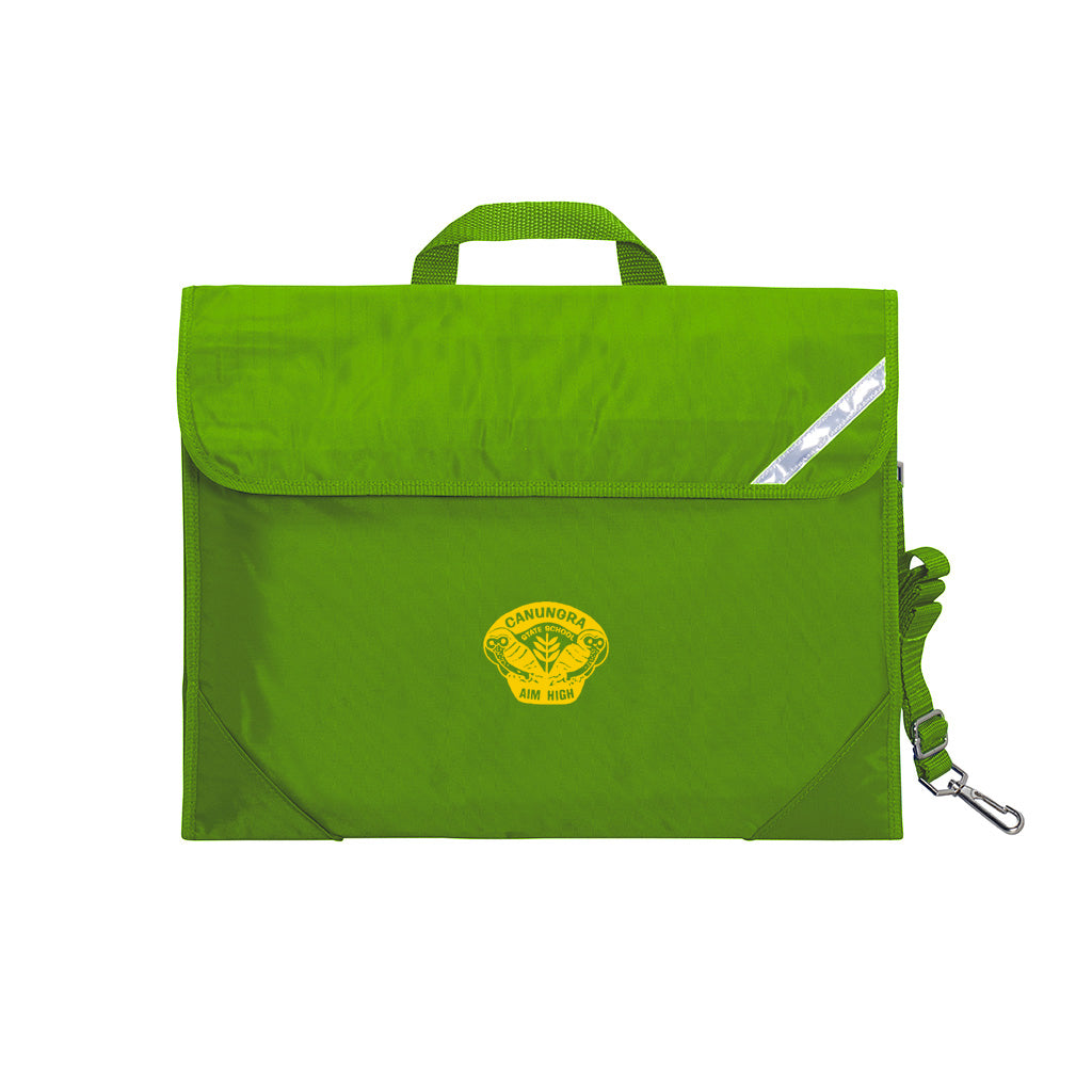 Harlequin Safety Library bag in apple green displaying carry handle, velcro opening, shoulder strap, reflector safety strip, reinforced corners and Canungra State School logo