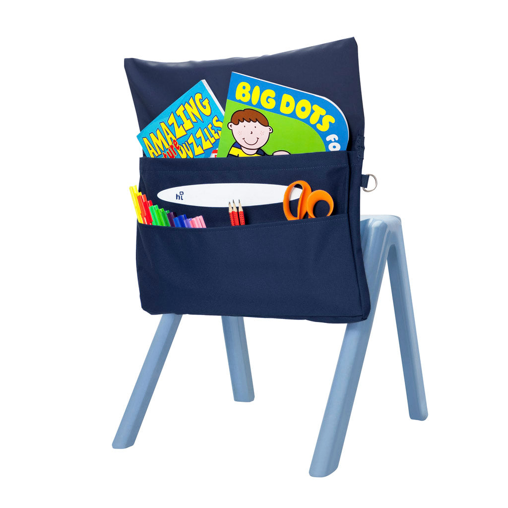 Harlequin navy blue chair bag back angle view displaying two pockets, D ring and name bar