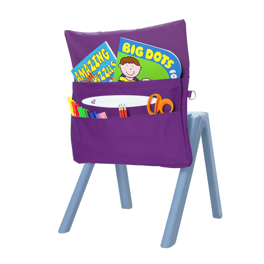 Harlequin purple chair bag back angle view displaying two pockets, D ring and name bar