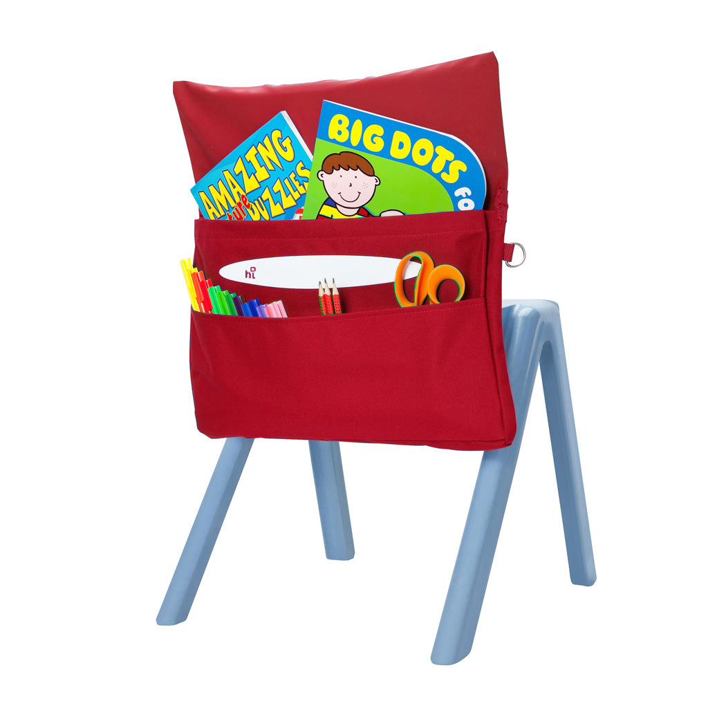 Harlequin red chair bag back angle view displaying two pockets, D ring and name bar