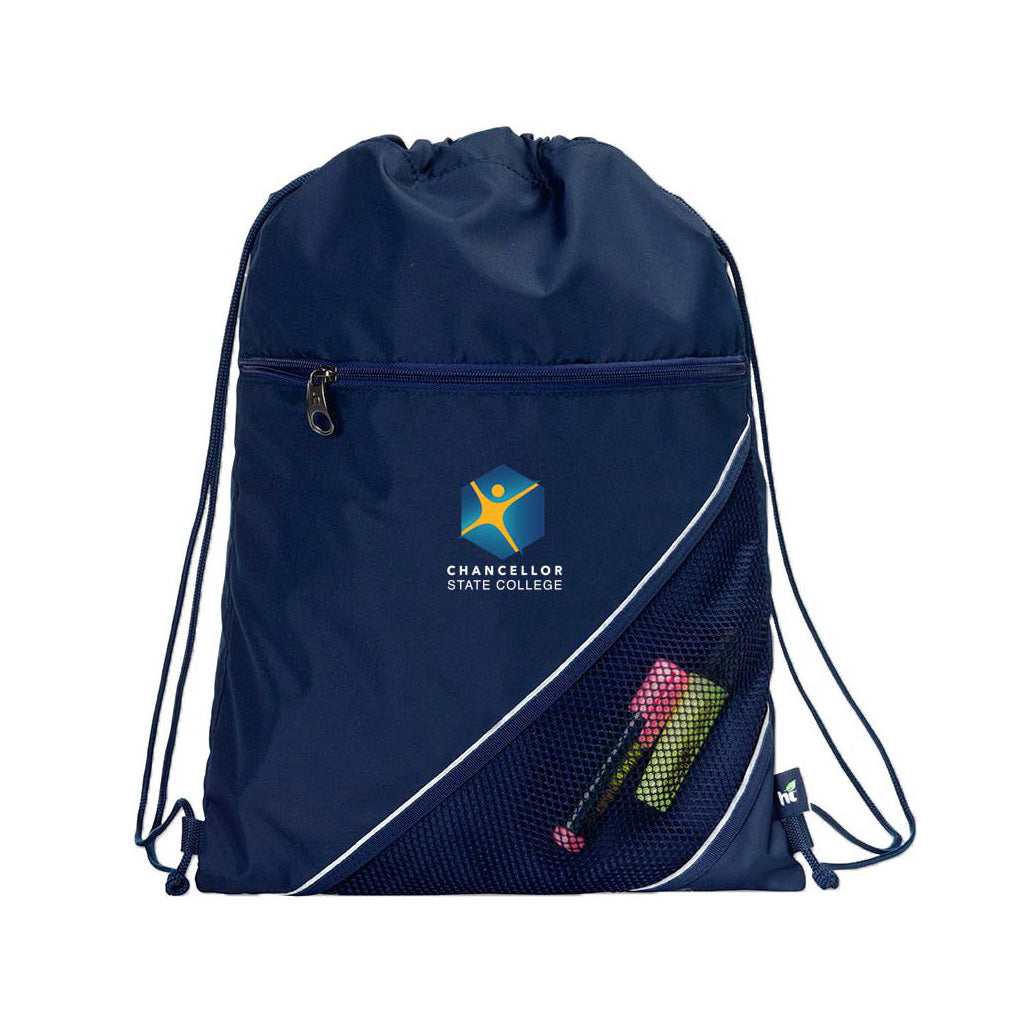 Harlequin navy eco sprint bag displaying drawstring opening, top zipper, external zippered pocket, and d-ring trinket holder