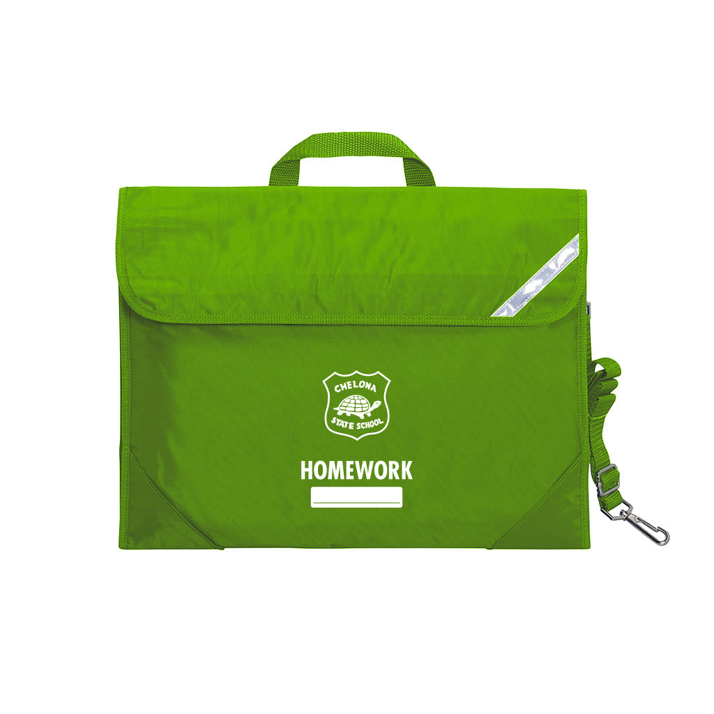Harlequin Safety Library bag in apple green displaying carry handle, velcro opening, shoulder strap, reflector safety strip, reinforced corners and Chelona State School logo