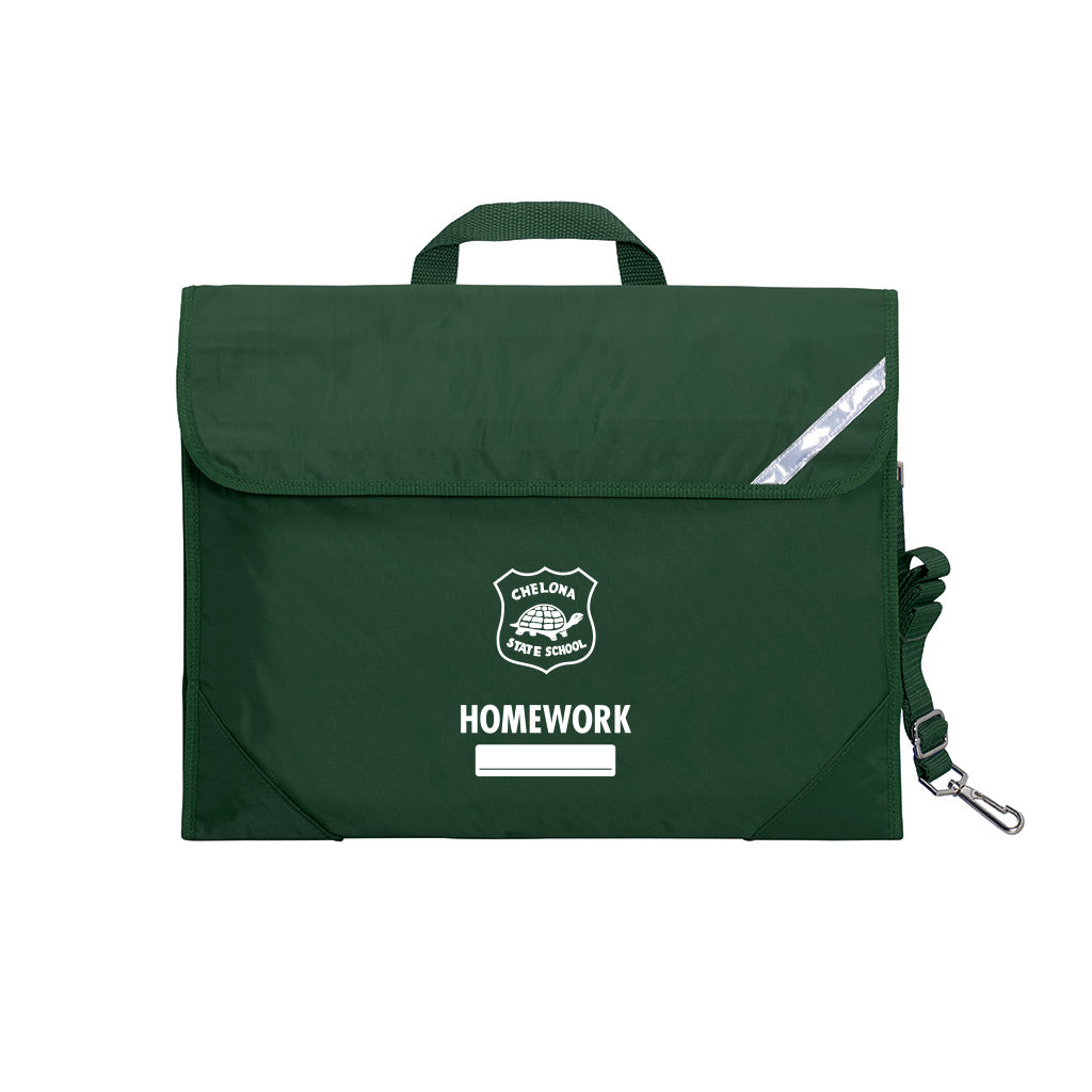Harlequin Safety Library bag in Bottle Green displaying carry handle, velcro opening, shoulder strap, reflector safety strip, reinforced corners and Chelona State School logo